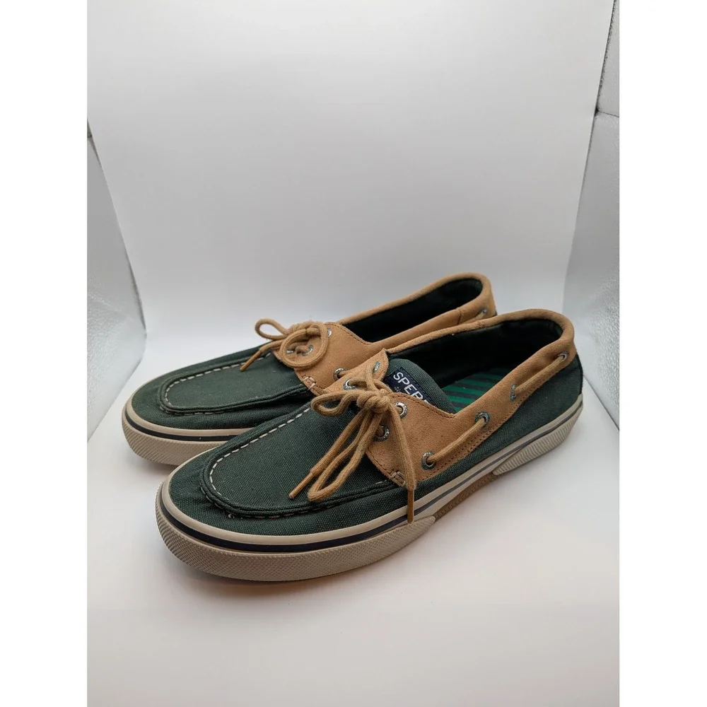 Sperry Top Sider Mens 10.5 Green Tan Canvas Suede Boat Shoes Memory Foam Loafers